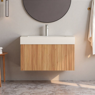 30" Floating Bathroom Vanity With Integrated Basin – Acacia Wall-mounted Cabinet With Beveled-edge Handles For Compact Bathrooms