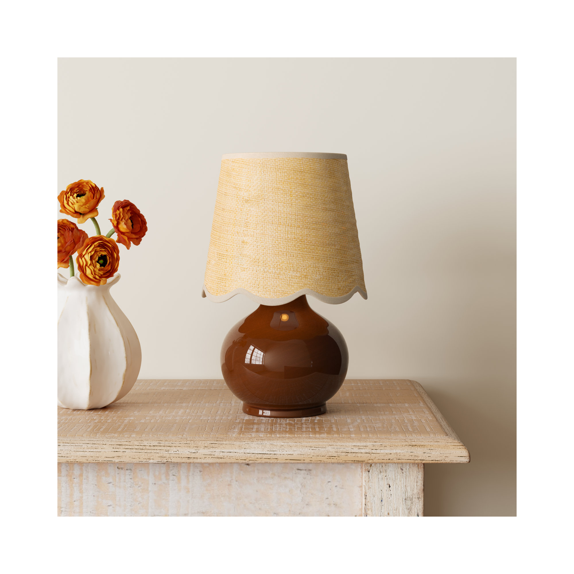 Momsen Scallop Shade Lamp, Brown, Natural, 13"" H x 8"" W x 8"" D