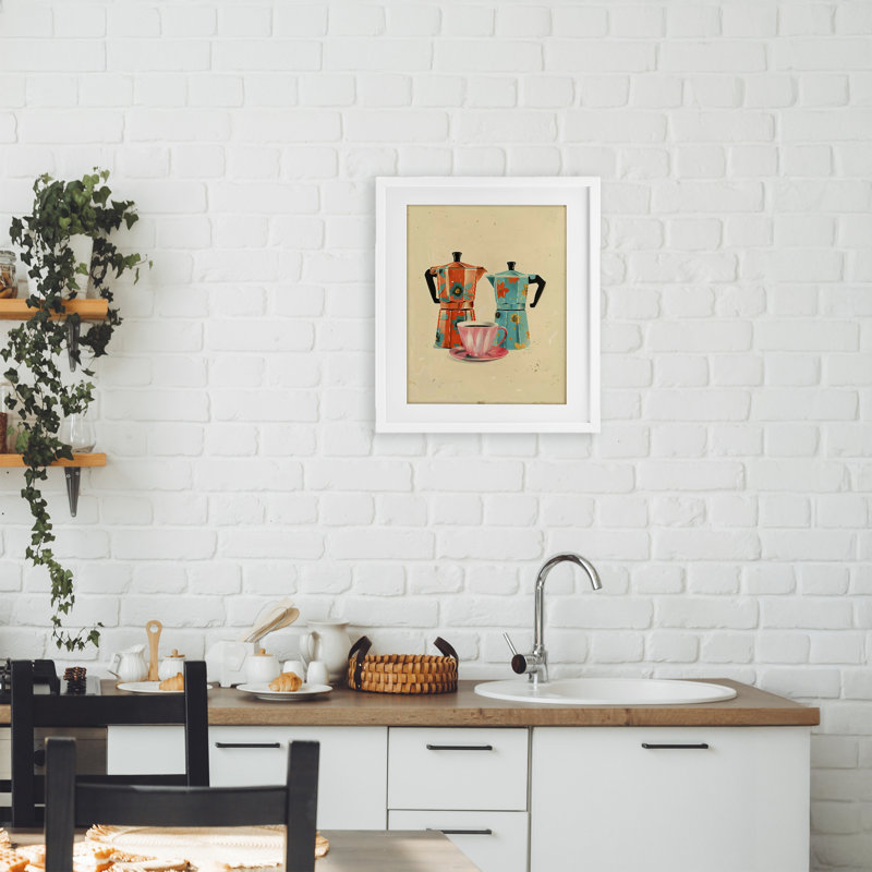 «Retro Morning Moka Pots», reproduction encadrée sous verre, design par Arlington Prints, H 16 po x l 13 po