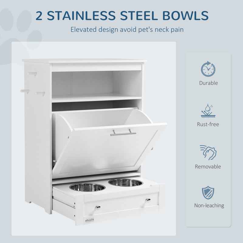 White Elevated Dog Feeder Station with Storage Cabinet