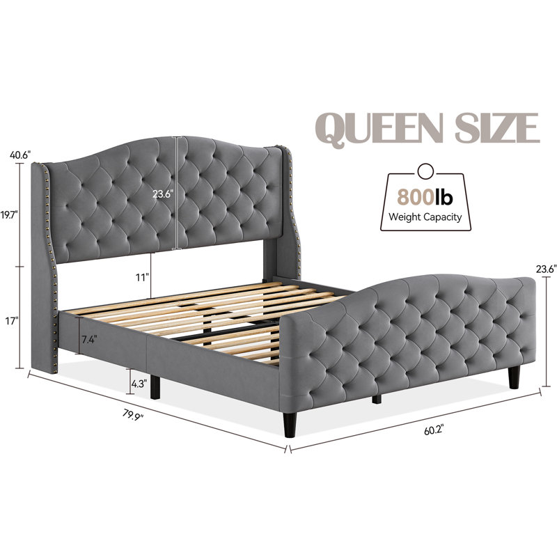 Joreen Upholstered Wingback Bed, Gray, Queen
