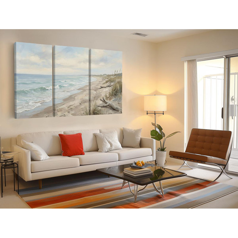 «Coastal Beach», reproduction d'art sur toile triptyque mettant en vedette des vagues de l'océan et du bois flottant, décor de bord de mer aux tons doux, décor de rivage 3 pièces, reproduction de peinture