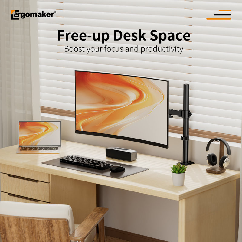 Support pour écran de bureau simple ERGOMAKER, support pour écrans de 13 à 27 po, bras d'affichage entièrement réglable avec pince en C et base à œillets, VESA 75 x 75 100 x 100 mm, noir