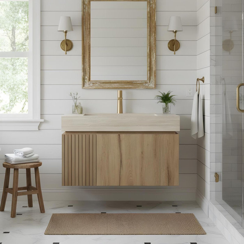 Meuble-lavabo 30 po avec tiroirs et lavabo, Chêne blanc, 29", Beige