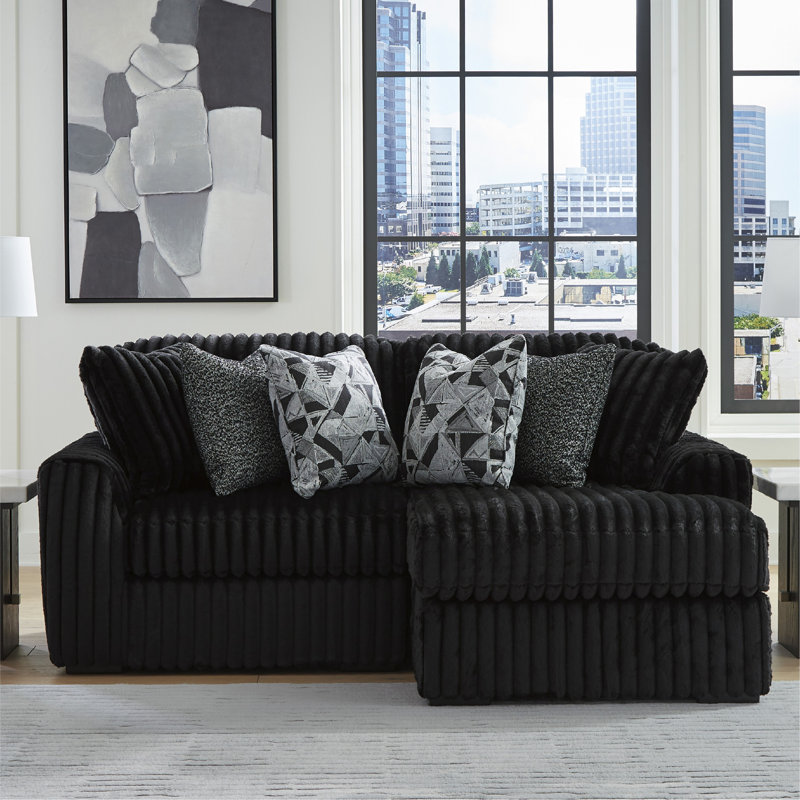 Canapé modulaire 2 pièces avec méridienne Irie, Polyester noir, Orienté à droite