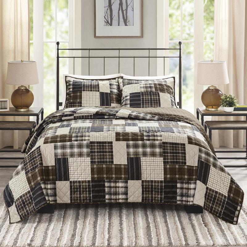 3 pièces de courtepointe très grand / très grand, noir / brun, réversible avec bordure découpée et taie décorative douce, patchwork