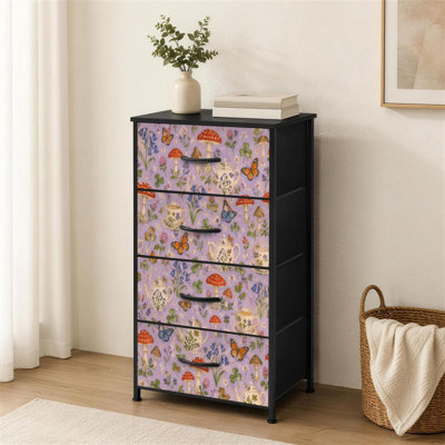 Commode 4 tiroirs pour chambre à coucher Jardin fantaisiste Tasses à thé Champignons Papillons Fleurs Petite commode à vêtements pour garde-robe avec commode