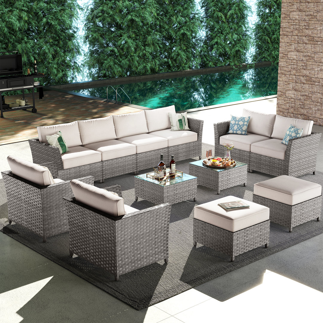 Cassville 8 - Person Patio Furniture Set, Outdoor Wicker Rattan Sectional Seating Group with Cushions, All Weather Sofa Conversation Set Table for Garden Backyard OVIOS Cushion 