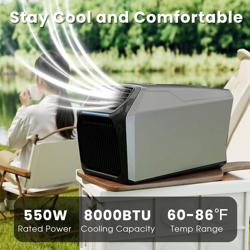 Climatiseur portatif 8 000 BTU pour tente, véhicule récréatif et camping, avec fonctions de refroidissement, de déshumidification, de sommeil et de ventilateur, télécommande incluse