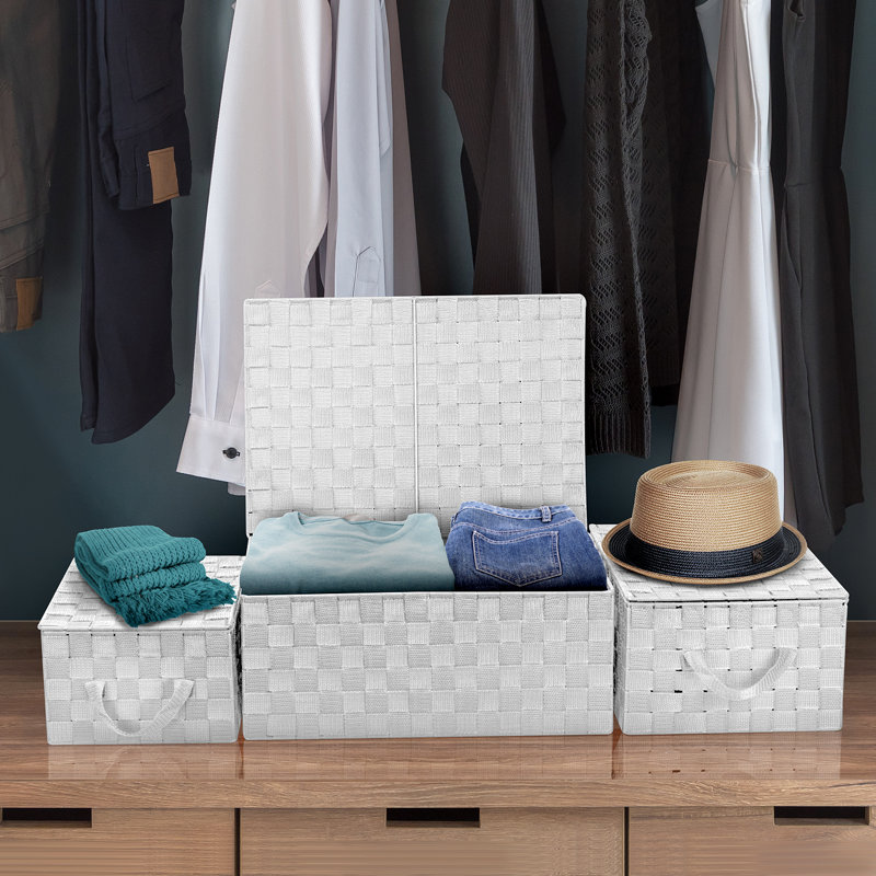 White Woven Lid Storage Basket Set