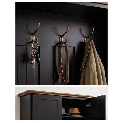59 Inch Wide 4-in-1 Wood-grain Hall Tree, Farmhouse Style with Bench, Cabinets and Coat Hooks for Entryway Hallway Mudroom Living Room