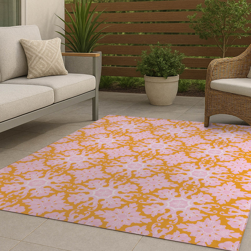 Tapis décoratif damassé pour l'extérieur, Orange, Rectangle 7 pi x 5 pi