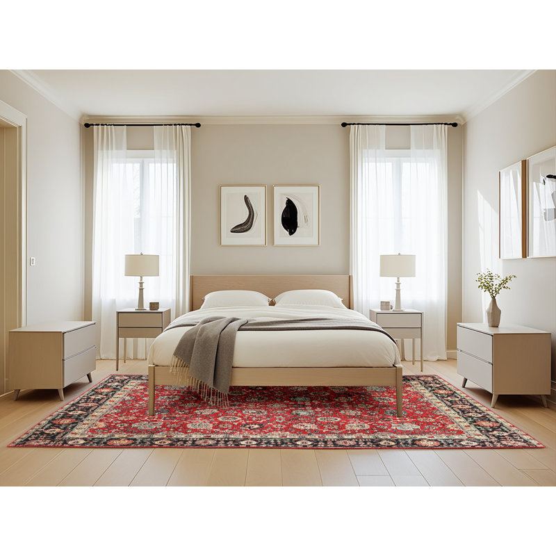 Tapis traditionnel rouge / beige / noir Dhudam, Rectangle 5 pi x 8 pi