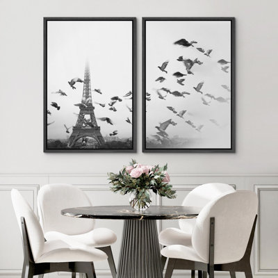 Black And White Paris Eiffel Tower & Flying Pigeon Pictures Wall Art Framed 2 Pieces Canvas Print -  wall26, FCV-AB32-2405-ANG11-B.BK-16x24x2