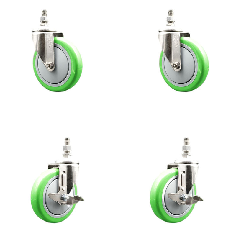 Ensemble de roulettes à tige filetée de 5 pouces en polyuréthane pivotant vert ½ pouce et 2 freins