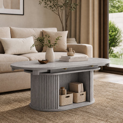 Fluted Oval Extendable Coffee Table with Storage, Modern Wooden Center Table with Sliding Door for Living Room