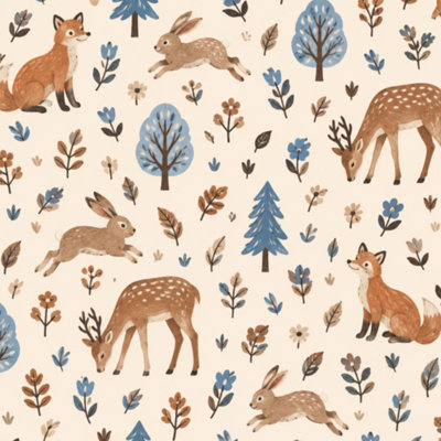 Peel and Stick Wallpaper Forest fox deer trees rabbit floral leaves brown Animal farmhouse Contact Paper Removable Self Adhesive Wall Mural Wall Decor for Bedroom Kitchen Cabinets 17.7in x 118in