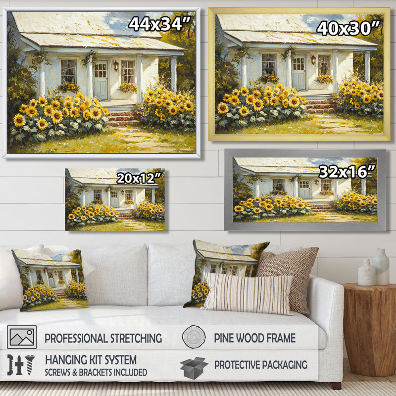 Donnalynn tournesols près de la ferme porche I - tournesols, décoration murale, H 12 po x l 20 po, Blanc