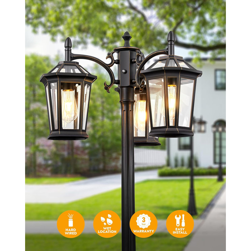 Lampadaire d'extérieur avec prise de courant à 3 têtes antirouille pour éclairage extérieur Dusk to Dawn