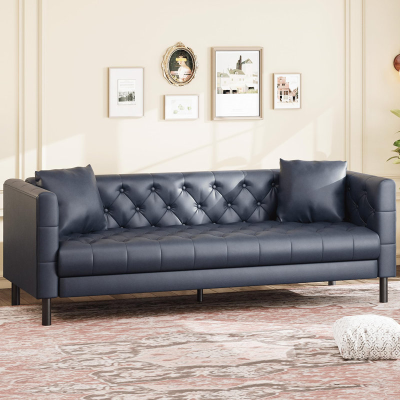 81" Leather Couch, Handmade Button Tufted 3 Seater Sofa, Chesterfield Sofa with Deep Seat, Blue