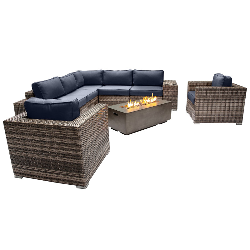 Lsi Fully Assembled 6 Person Seating Group With  Sunbrella Cushions And Concrete Firepit, Sunbrella Navy Blue