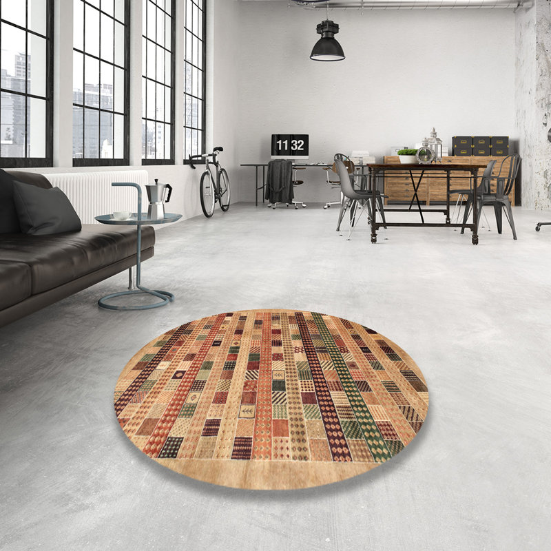 Tapis contemporain beige / vert / rouge, Rond 7 pi