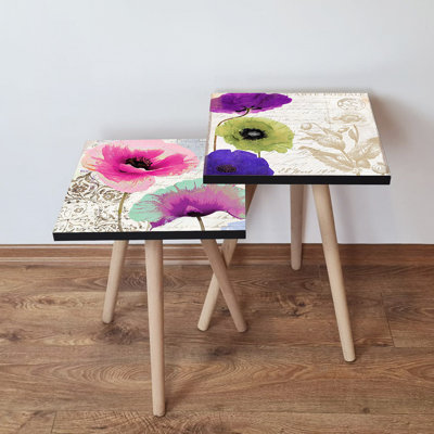 Modern Nesting Table Set (2 Pieces), Beech Wood Legs, 13.8 x 18.5 x 13.8 inches & 13.8 x 16.5 x 13.8 inches | 100% MDF with 0.7-inch Thickness | Stylish Floral Design for Living Room & Home Décor, Space-Saving Solution