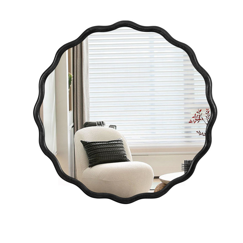 Solid Wood Wavy Mirror, 35.6" x 35.6", Black