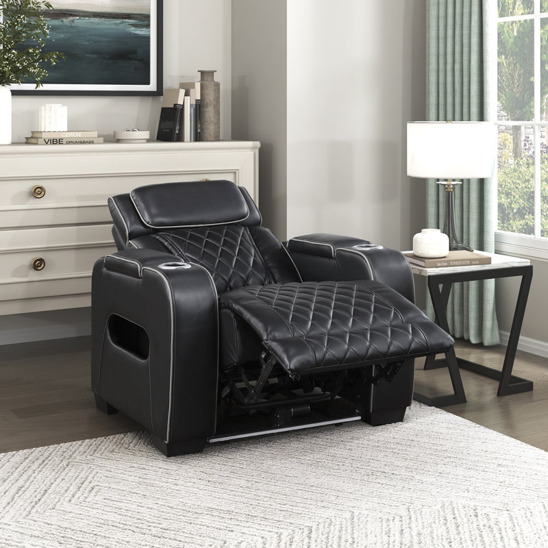 Savion 37.5" Modern & Contemporary Power Breathable Faux Leather Reclining Chair with Power Headrest, Ambient LED Lighting & Storage Arms