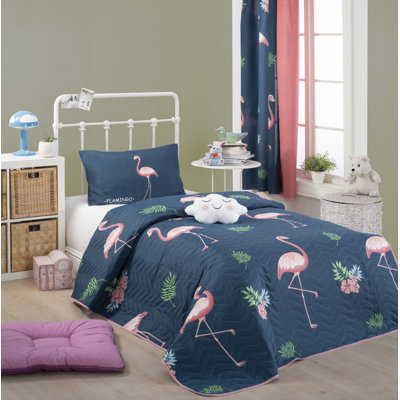Ensemble de couvre-lit matelassé simple de qualité supérieure, bleu foncé avec des accents roses et verts | Housse 65% coton / 35% polyester | Rembourrage 100% fibre, lavable à la machine, taie d'oreiller avec fermeture à enveloppe, couette à fermeture à boutons