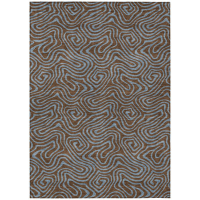 9' X 12' Brown And Light Blue Abstract Washable Indoor Outdoor Area Rug