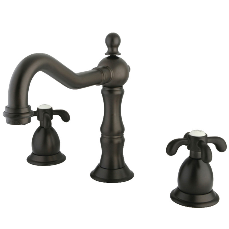 Kingston Brass French Country Two-Handle 3-Hole Deck Mount Widespread Bathroom Faucet with Brass Pop-Up Drain