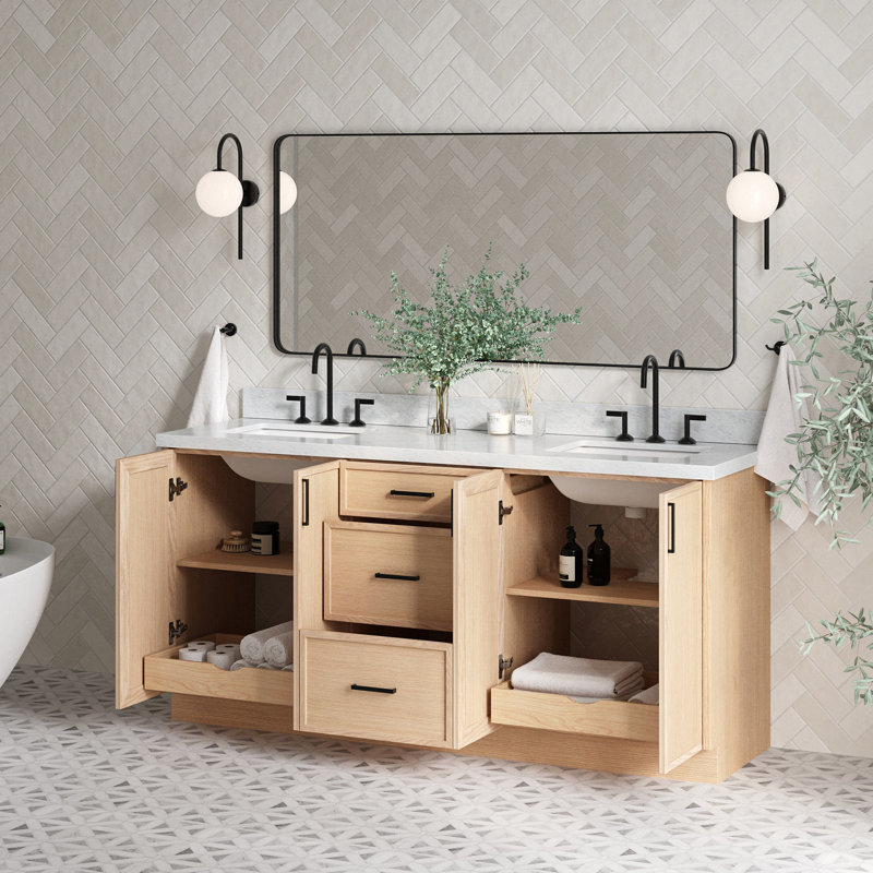 ARIEL Kelly 73 Double Sink Bathroom Vanity with Italian Carrara Marble Top, Oak