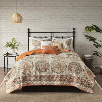 Courtepointe réversible orange avec coussins, imprimé floral audacieux, toucher doux, 100% microfibre, entretien facile et taupe, grands médaillons, 2 taies décoratives standard, lavable à la machine