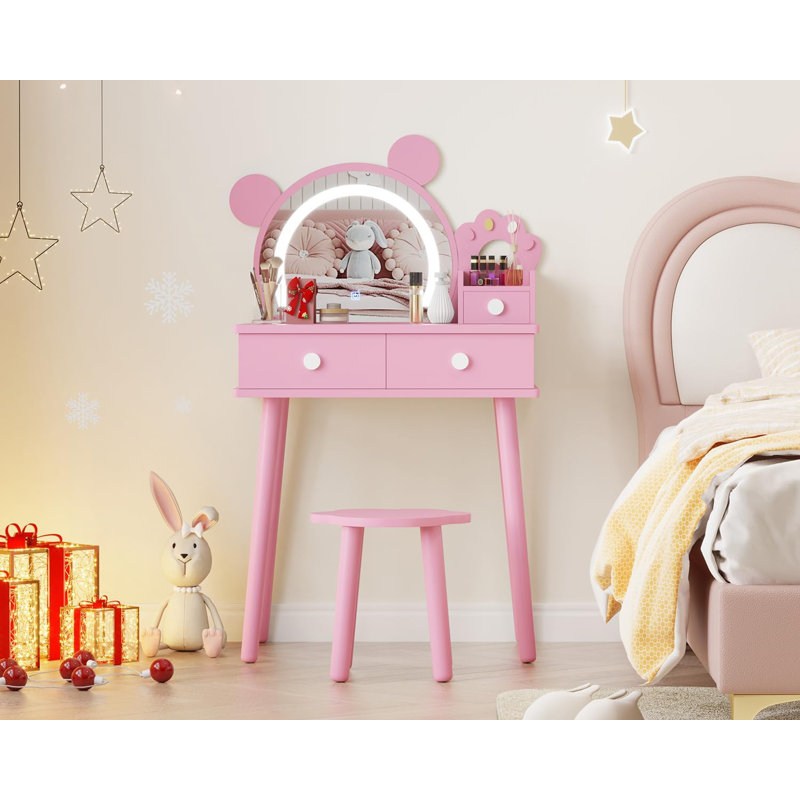 Ensemble de coiffeuse et miroir pour enfant en forme d'ours avec miroir et bureau de maquillage pour la princesse, Blanc