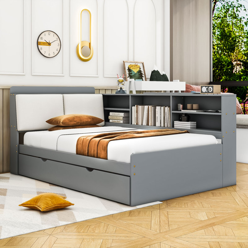 Wood Platform Bed with Twin Trundle, Storage Shelves and Headboard, Gray, Full