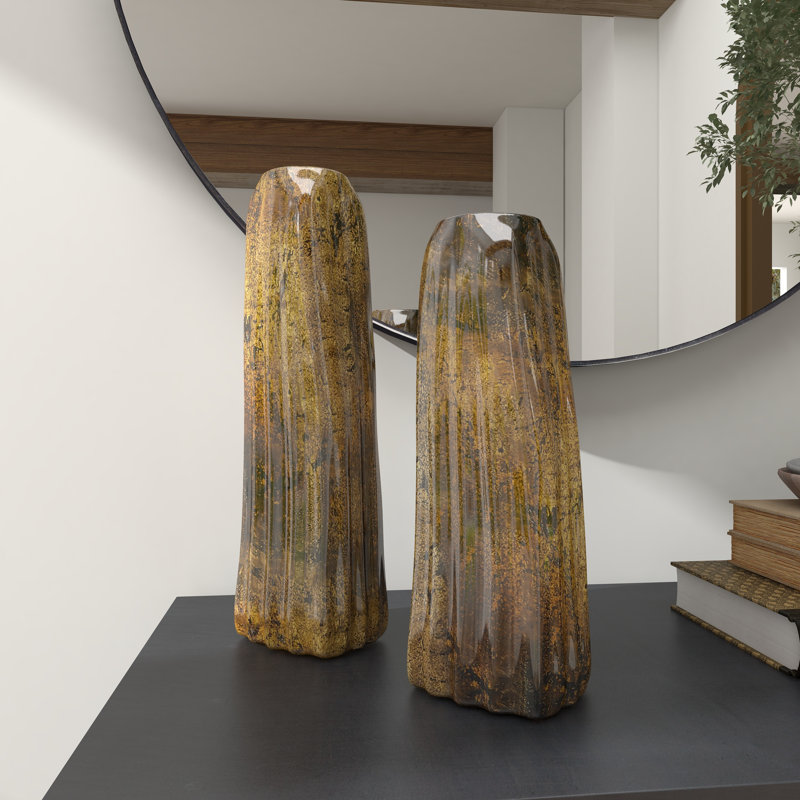Ensemble de 2 vases en verre, Brun, H 14,5 po x l 4,5 po / H 12,1 po x l 4,2 po