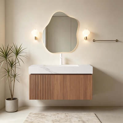 Luxury 36" Walnut Bathroom Vanity & Sinks Modern Family Suspended Bathroom Cabinet Mid-Century Sintered Stone Bathroom Cabinet