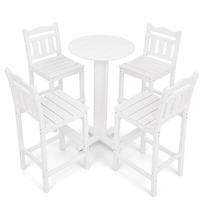 5-Piece All-Weather Poly Lumber Patio Bar Set - Heavy Duty Hdpe High Top Bistro Table & 2 Stools With Ergonomic Curved Saddle Seats - Outdoor Bar Stools Set For Poolside, Balcony & Deck