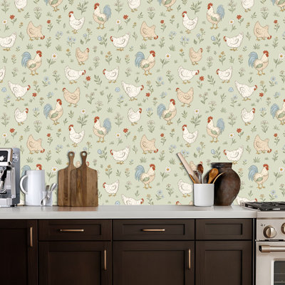 Peel and Stick Wallpaper Chicken hand drawn clipart seamless chicken birds cottagecore country Contact Paper Removable Self Adhesive Wall Mural Wall Decor for Bedroom Kitchen Cabinets 17.7in x 118in