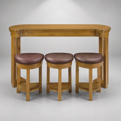 Solid Wood Bar Table Set with 3 PU Upholstered Stools, Natural Wood Texture for Compact Spaces and Multifunctional Use
