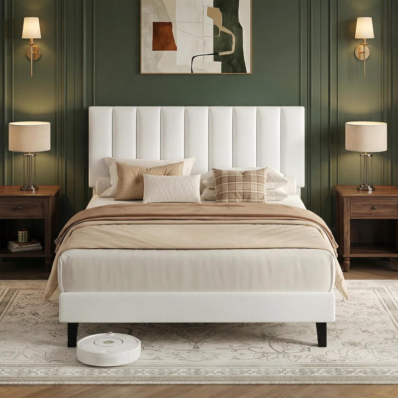 Upholstered Platform Bed with Velvet and Striped Headboard, Full Size/White