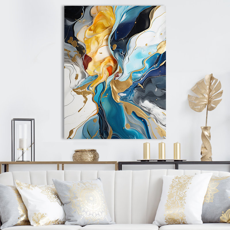Bleu et jaune, encre liquide, abstraction, harmonie II - encre liquide, art mural abstrait, Toile tendue