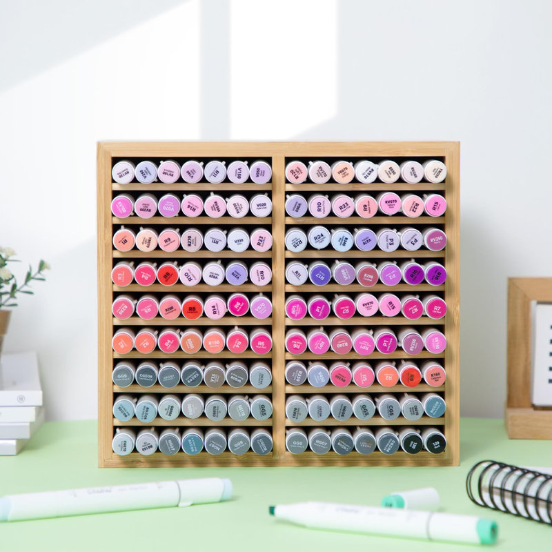 Bamboo Marker Organizer, Wooden Desktop Storage Hold 126 Markers, Pens, Pencils, Art Brushes Stationary Organizer Pencil Holder With 18 Compartments For Home, Classroom, Office Decor