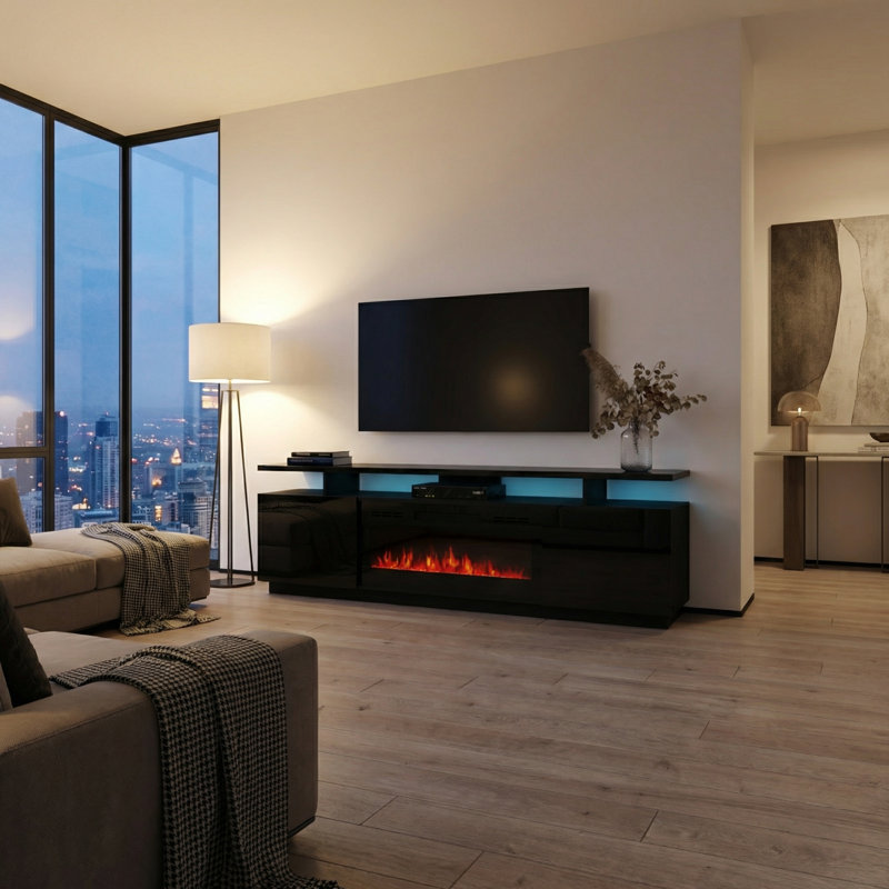 Burkard 71" Modern TV Stand with Electric Fireplace, High Gloss Finish, Media Storage, Black