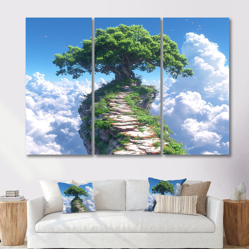 Chemin vers un arbre dans les nuages - ensemble d'art mural chêne, Toile tendue, H 32 po x l 48 po x P 1 po