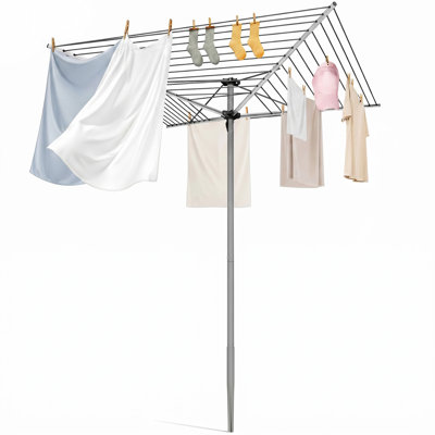 Outdoor Rotary Umbrella Clothesline with 131 Ft Drying Space, 12 Lines, 4-Arm 360° Rotation, 66 lb Capacity, Foldable Design & Protective Cover