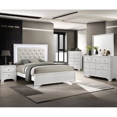 Lit double à panneau avec tête de lit tapissier éclairée à DEL, bouton, tissu d'aspect lin, couleur blanc et avoine, tête de lit contemporaine de style chambre à coucher, look, couleur