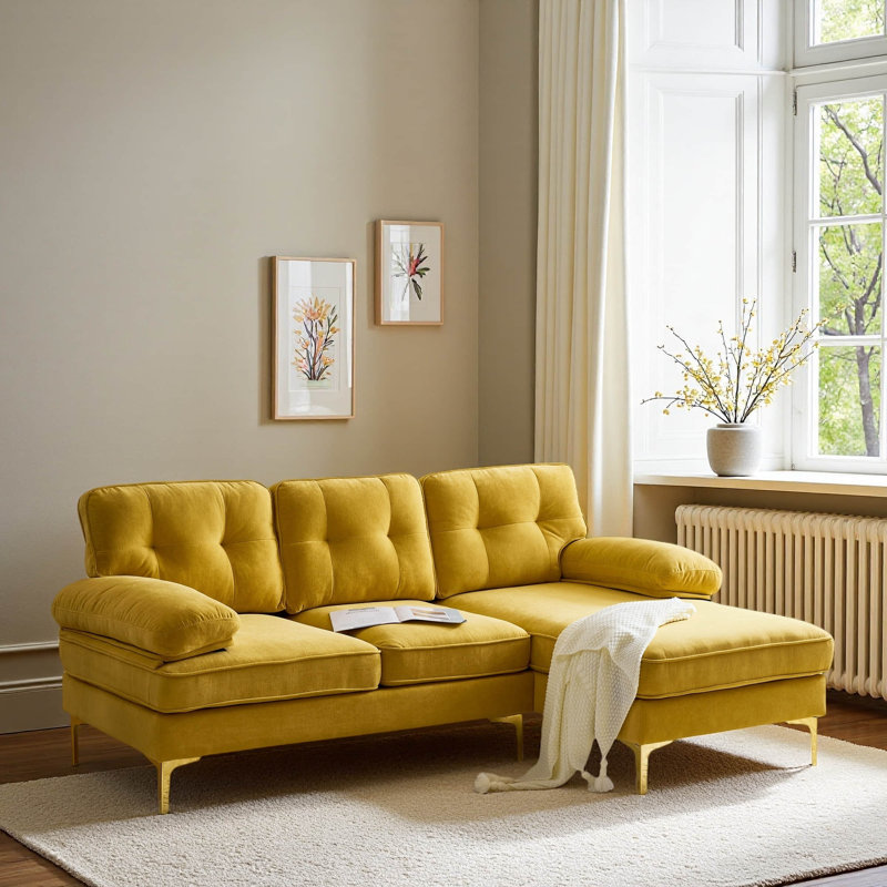 Canapés modulaires modernes en velours de 82,6 po en L pour salon, chambre à coucher, Jaune