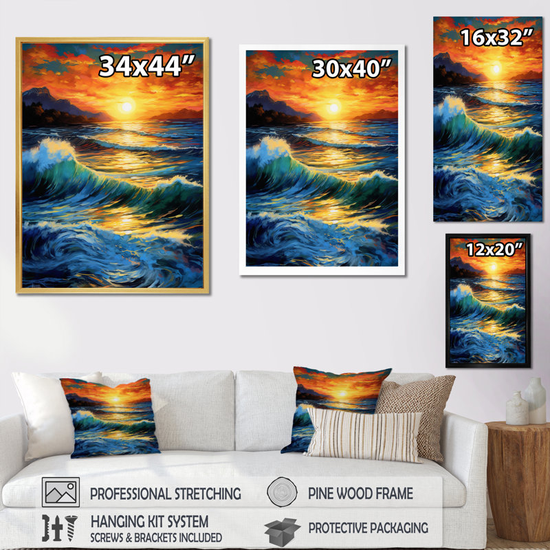 Lumineux coucher de soleil de vagues se brisant sur le rivage II, H 40 po x l 30 po x P 1,5 po, Cadre simple noir